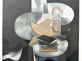 une image représentant une peinture où l'on voit une guitare et un livre posés sur une table
