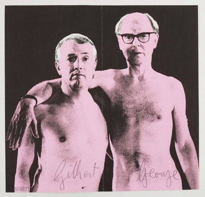 an image of two men standing next to each other in front of a black background