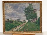 a painting of a country road with a house in the background
