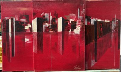 painting of a group of people in a room with red walls