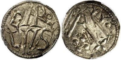 a silver coin with an image of a man and a woman on it