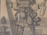 an old picture of a man in a costume holding a harp