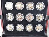 an image of a display case with twelve different types of coins