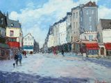 peinture d'une scène de rue avec des personnes marchant dans la rue