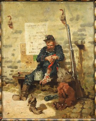 une image représentant un tableau où l'on voit un homme assis sur un banc, un pistolet à la main