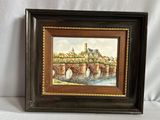 painting of a bridge over a river with a castle in the background