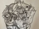 a drawing of a drawing of a boat with a man on it