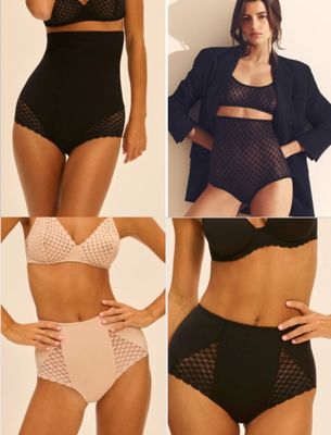 four different photos of a woman in lingersuits posing for a picture