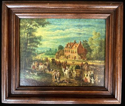an oil painting of a farm scene with a horse drawn carriage