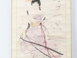 a painting of a woman in a pink dress on a wall
