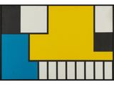 une peinture abstraite composée de carrés et de rectangles jaunes, bleus, noirs et blancs