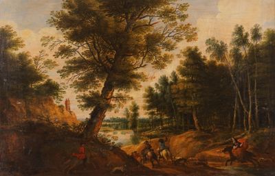 painting of a wooded landscape with a river and people on horseback