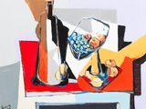 une peinture représentant une bouteille de vin et une corbeille de fruits posés sur une table