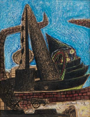 dessin représentant un bateau avec un monstre à son bord dans un port