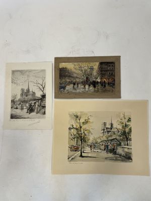 three paintings on a wall of a city street with people and buildings