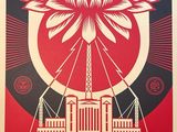 a red and black poster with a large flower in the center