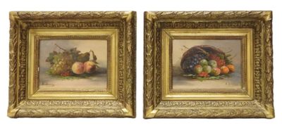 two framed paintings of fruit and a basket of fruit on a table