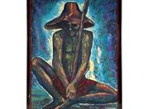 painting of a man sitting on the ground with a stick in his hand