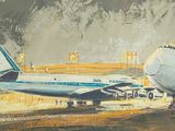 a painting of an airplane that is on the runway
