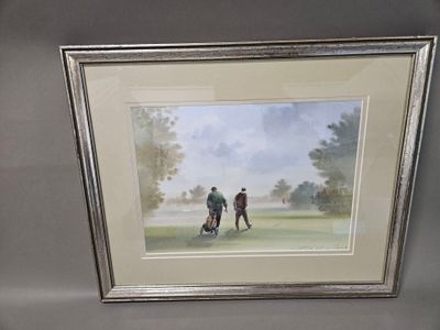 painting of two golfers on a golf course with trees in the background