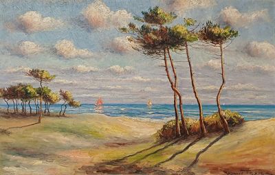 tableau représentant une scène de plage avec des arbres et un voilier au loin