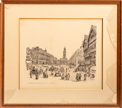 un dessin représentant une scène de rue avec des personnages et des bâtiments en arrière-plan
