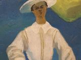painting of a man in a sailor ' s outfit and hat holding a baseball bat