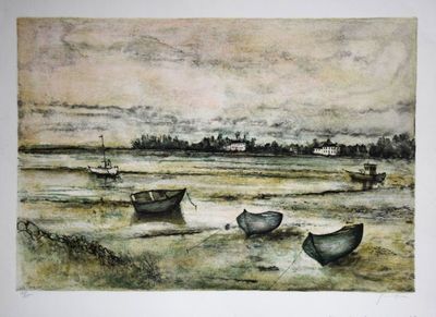 two boats that are sitting on the shore of the water