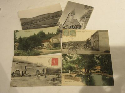 four old postcards of a church, a church, and a river