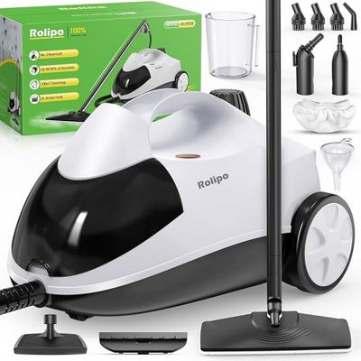 an image of a white and black vacuum cleaner next to a box of cleaning supplies