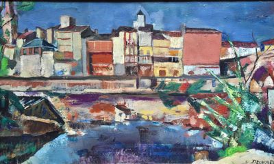 une peinture représentant une peinture d'une ville au bord de l'eau