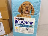 a bag of dog chow on the floor next to a box of dog chow