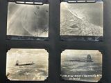 four black and white photos of a plane flying over a body of water