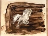 painting of a white horse running in front of a wooden wall