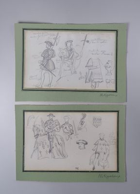 two framed drawings of people and animals on a wall