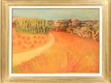 an oil painting of a field with a path in the middle of it