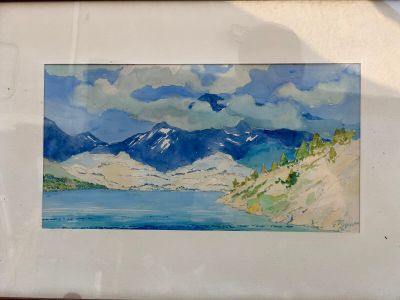 a picture of a painting of a lake and mountains