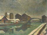 l'image d'une peinture représentant une rivière avec un pont en arrière-plan