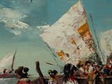 a painting of a group of people on a beach