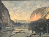 a painting of a river with a mountain in the background