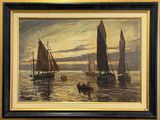painting of sailboats on the water at sunset in a golden frame