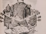 an old drawing of a man in uniform sitting on a chair