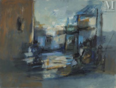 une peinture à l'huile représentant une scène de rue avec une voiture garée devant un bâtiment