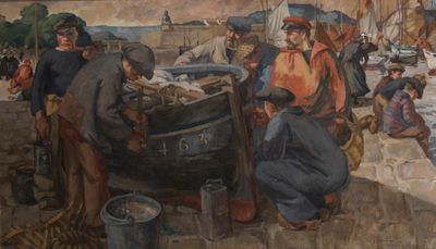 a painting of a group of people working on a boat