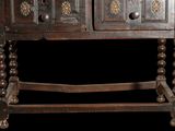 a wooden table with two drawers and a shelf on it
