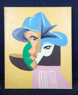 une image représentant un tableau où l'on voit une femme coiffée d'un chapeau et un pingouin