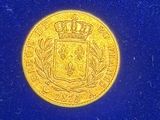a close up of a gold coin on a blue surface