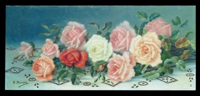 un tableau représentant un bouquet de roses posé sur une table