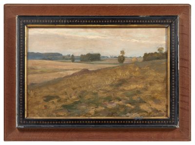 une peinture à l'huile représentant un paysage avec un champ et des arbres au loin