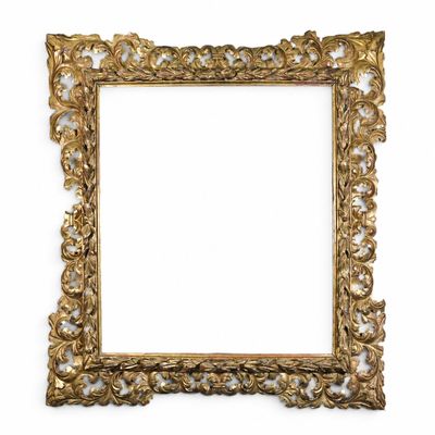 an old gold frame with a decorative design on a white background